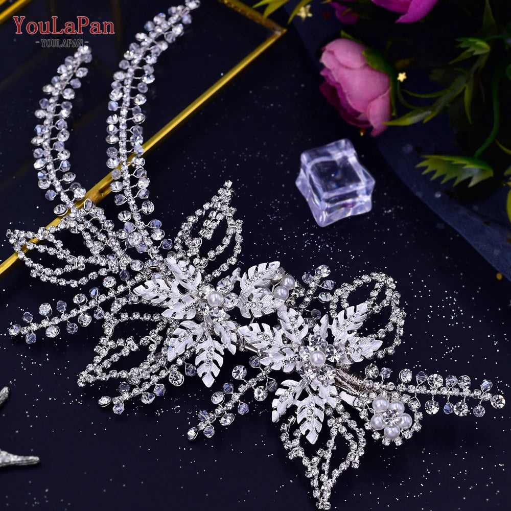 KIMLUD, YouLaPan Alloy Flower Bridal Hair Accessories Wedding Hair Clips Rhinestone Side Hairpin Women Crystal Wedding Headdress HP254, KIMLUD Womens Clothes