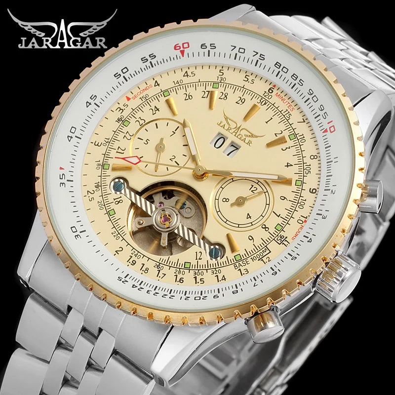 JARAGAR Original Big Dial Tourbillon Chronograph Automatic Man Watches Stainless Steel Vintage Mechanical Waterproof Male Wrist