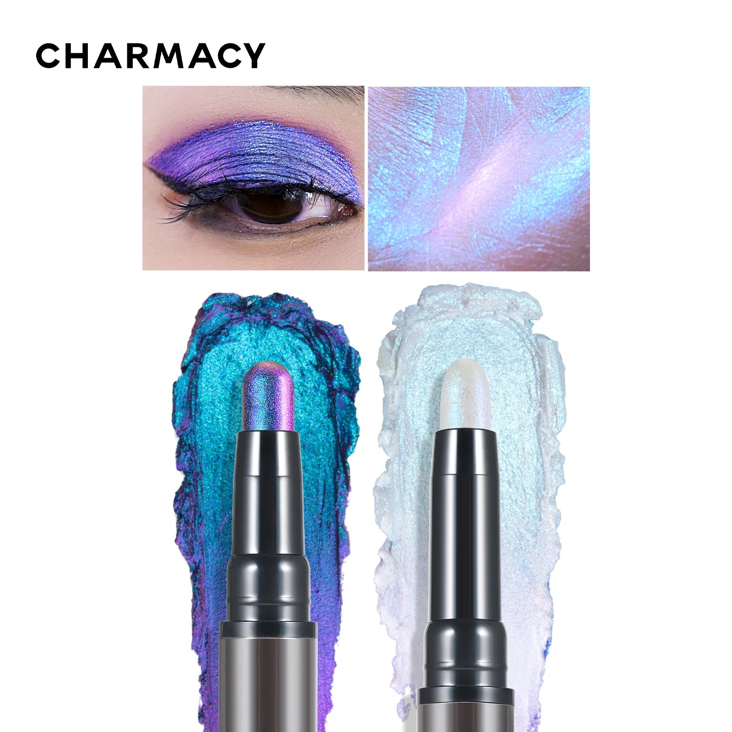 CHARMACY 2 In 1 Multichrome Eyeshadow Sticks High Pigmented Glitter Eyeshadow Waterproof Eye Shadow Pen Metallic Makeup 6 Color - KIMLUD