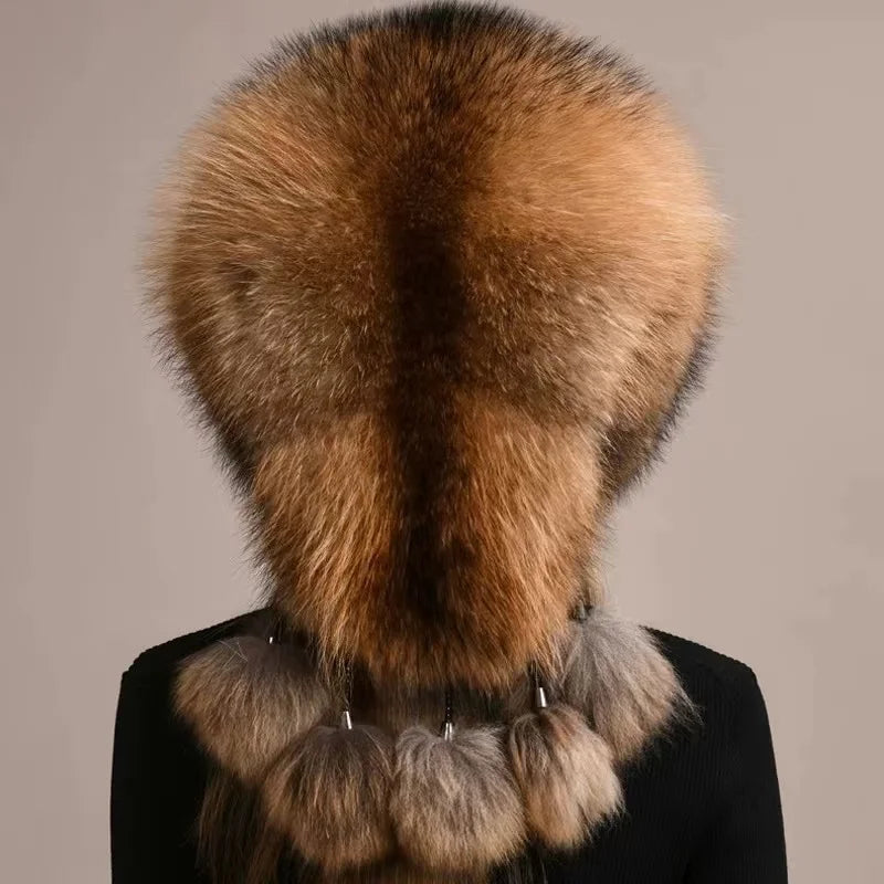 Real Fox Fur Hat For Women Winter Thickened Warm Natural Fur Princess Hat Adjustable Russians Cap Real Raccoon Fur Bomber Caps