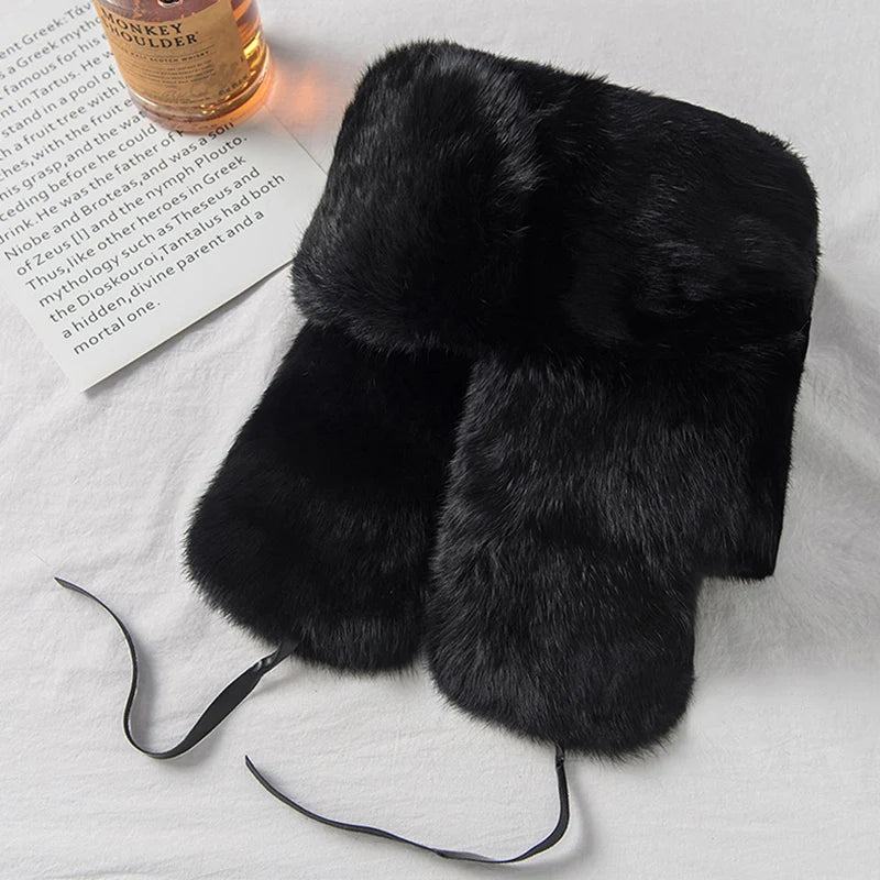 Thick Warm Bomber Hat Men Real Rabbit Fur Earflap Trapper Russian Cap Male Plus Size Winter Hats for Men Ski Russian Hat