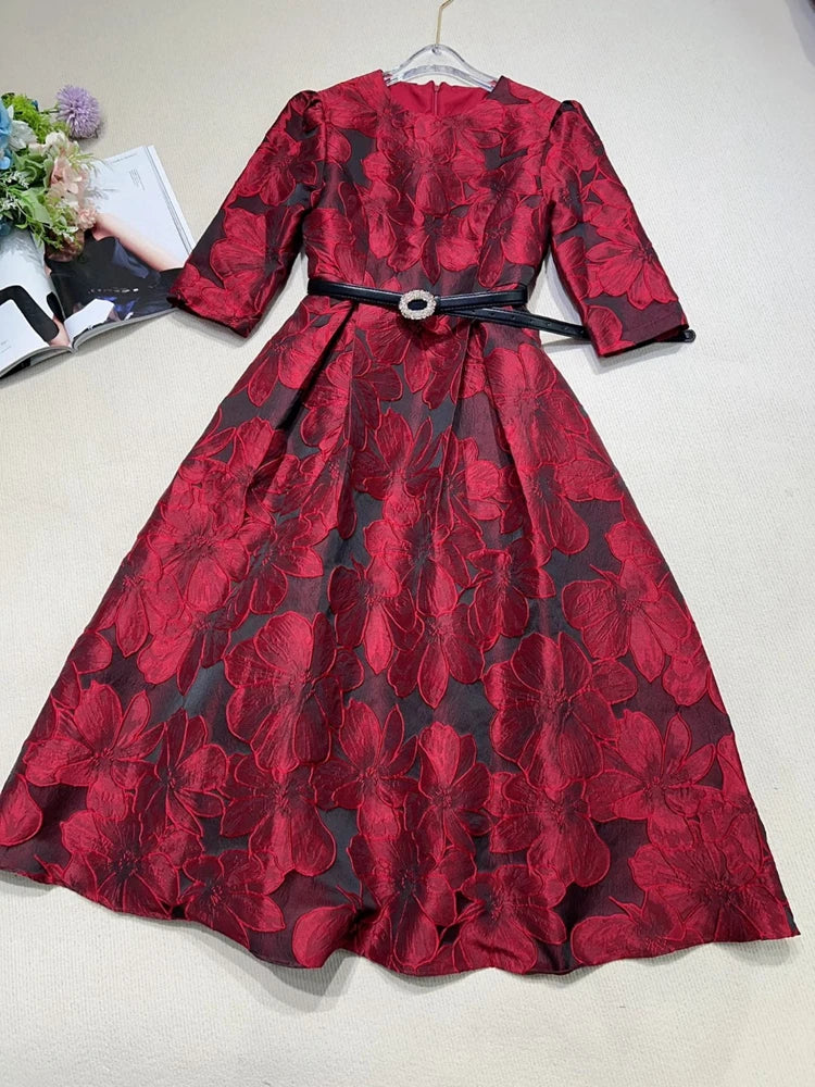 Tingfly Runway Designer High Quality Flower Jacard A Line Ball Gowns Party Dinner Dresses with Belt Lady Elegant Dress