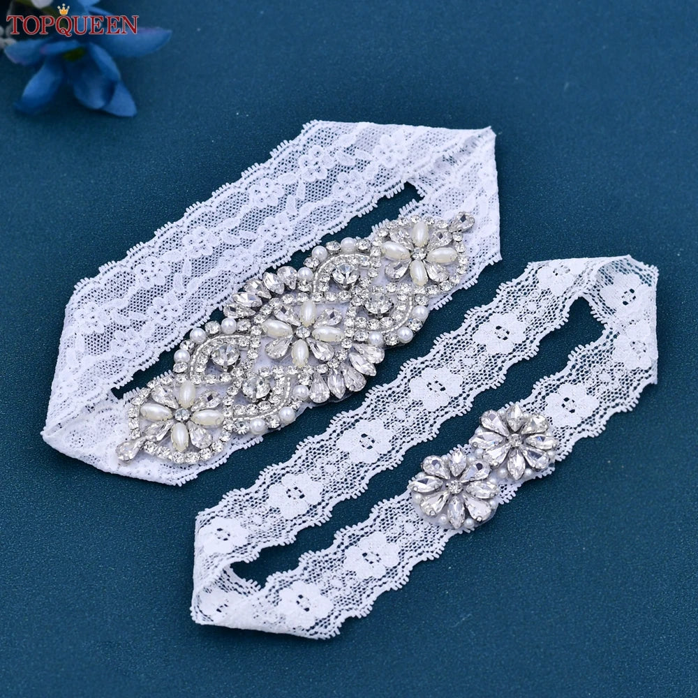 TOPQUEEN Sexy Girls Garter Set White Lace Bridal for Women Silver Rhinestone Belt Black Wedding Garters for Bride Dress S76