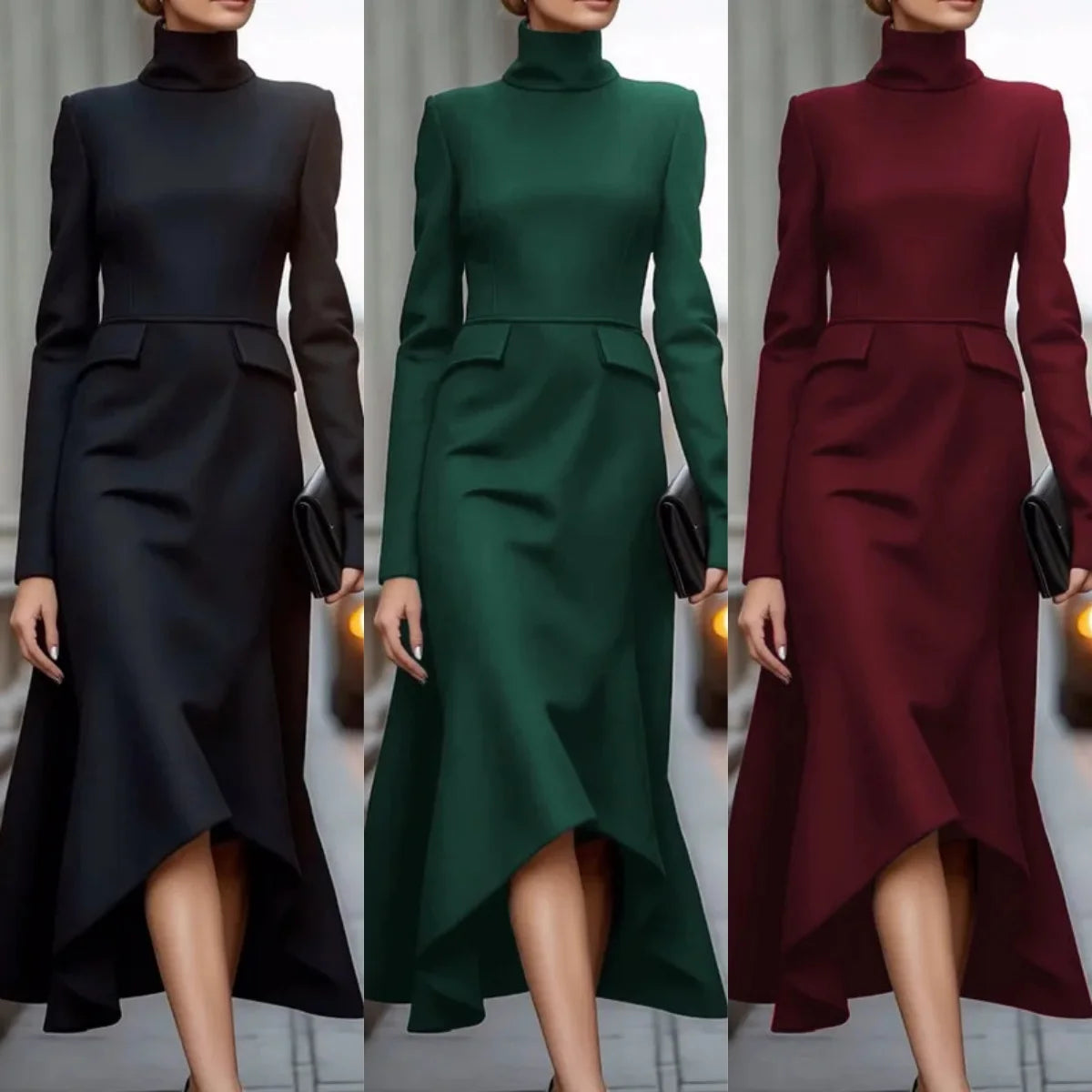 Women Fashion Formal Commute Dress High Neck 2025 New Long Sleeve Vestidos Spring Fall Elegant Church Dresses Evening Party Robe