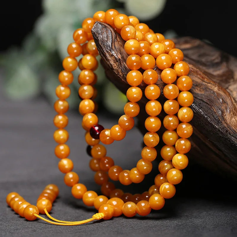 Myanmar Old Beeswax Circle 108 Beads Original Mineral Beeswax Amber Original Stone Necklace for Men and Women Hard Bracelets - KIMLUD