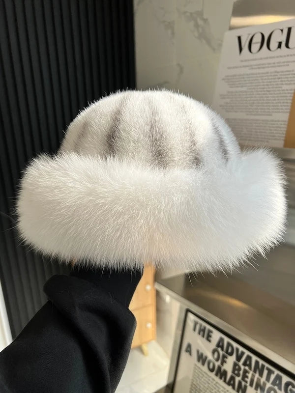 Real Mink Fur Hat For Women Winter Natural Mink Fur Hat With Fox Fur Brim Female Fashion Fisherman Hat Thicked Fur Bomber Hats