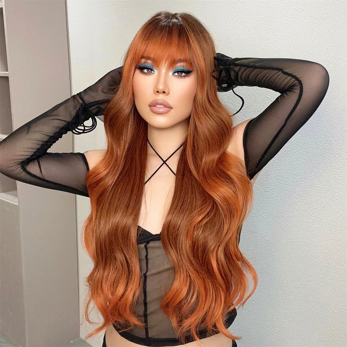 Ombre Red Brown Synthetic Wig with Bangs Long Wavy Copper Brown Women Wigs Natural Hair Cosplay Daily Use Wig Heat Resistant