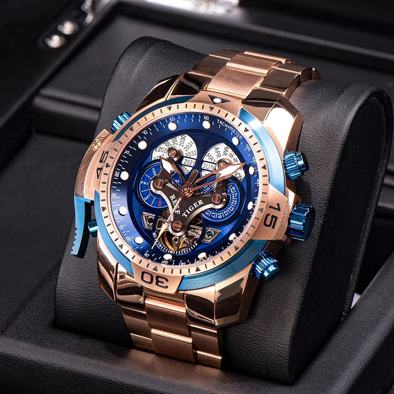 KIMLUD, Reef Tiger/RT Designer Sport Mens Watch with Perpetual Calendar Date Day Complicated Blue Dial Mechanical Bracelet Watch RGA3503, RGA3503-PLPB / CHINA, KIMLUD APPAREL - Womens Clothes