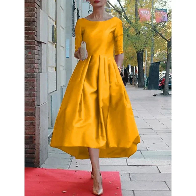 UOOZEE Women's Elegant Banquet Evening Midi Dresses 2024 New Autumn Half Sleeves Pleated Solid Color Party A-Line Dress