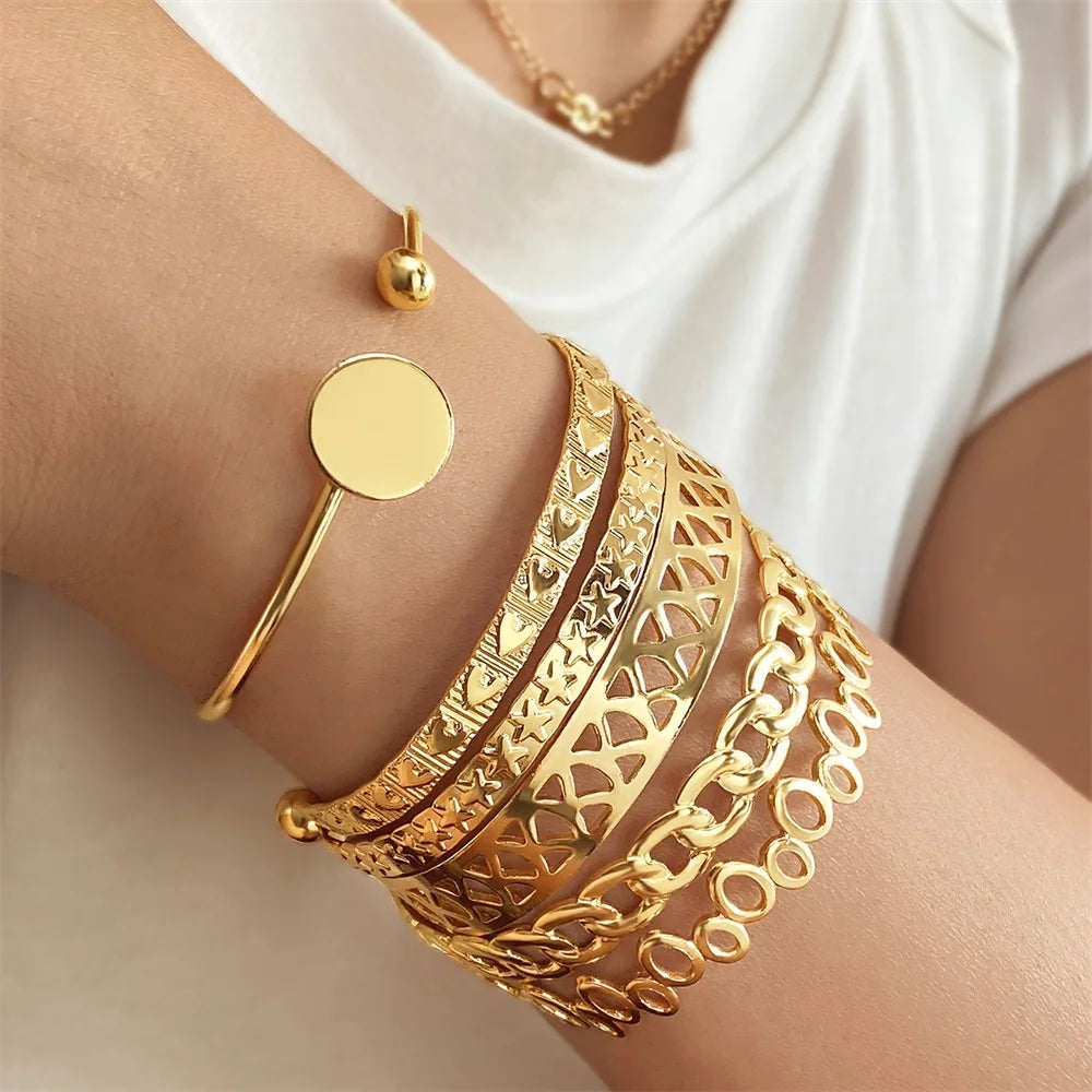 KIMLUD, FNIO Geometric Engraved Flower Leaf Star Bracelet For Women Girl Fashion Metal Gold Color LOVE Letter Open Bracelet Bangle Gift, FN832126, KIMLUD APPAREL - Womens Clothes