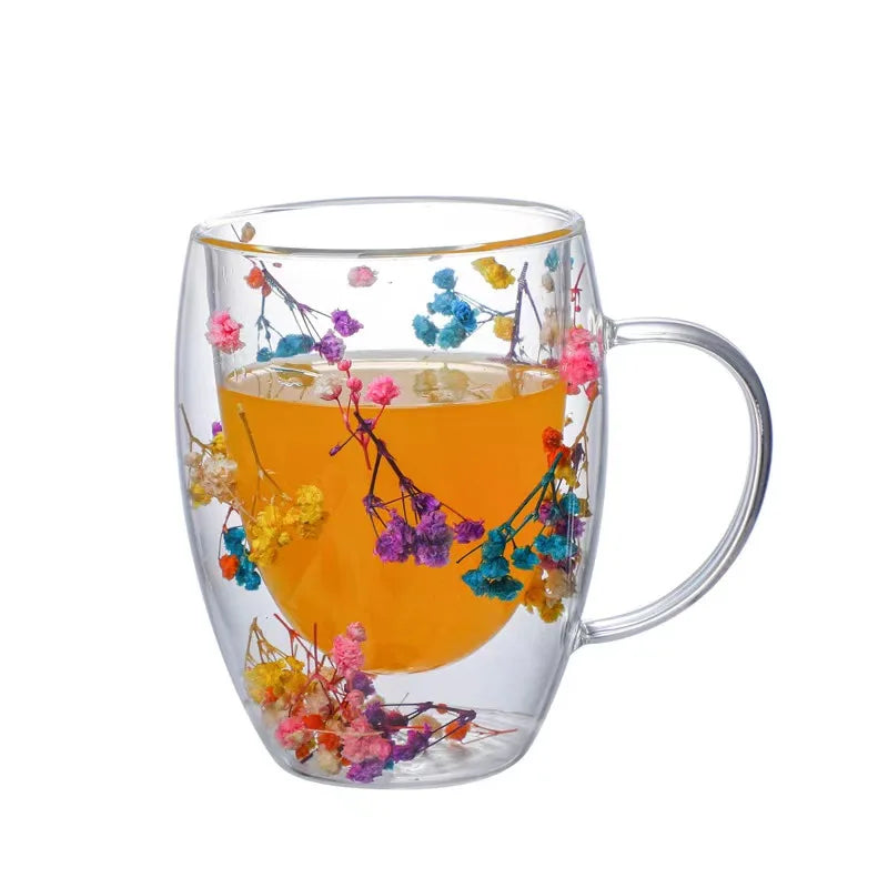 KIMLUD, 350ml Double Wall Coffee Mug With Handles Clear Milk Cups Gifts Glass Cup Fill Artificial Simulation Flowers Teacup, KIMLUD Womens Clothes