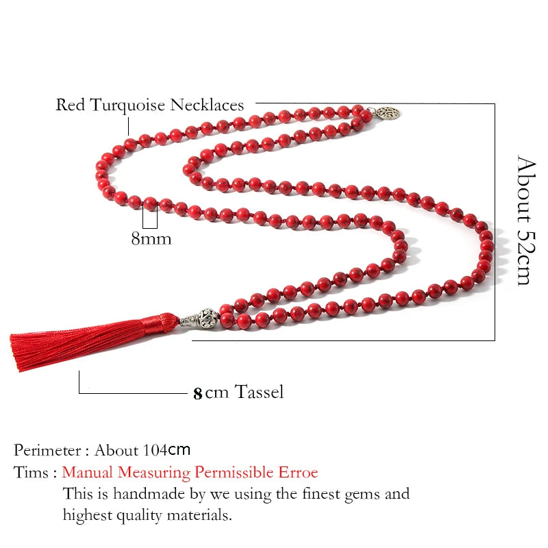 8mm Red Turquoise Knotted 108 Mala Beaded Necklace Meditation Yoga Blessing  Jewelry for Men and Women