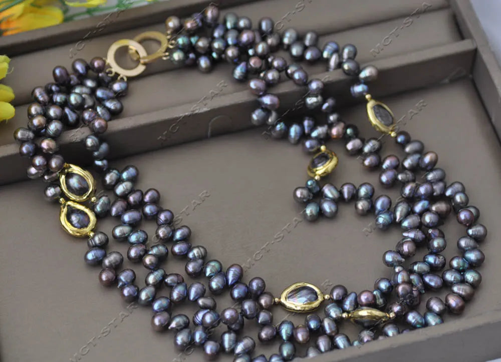 Z13344 3Row 20" 16mm Peacock Black Rice Gold plated Freshwater Pearl Necklace Custom Jewelry - KIMLUD