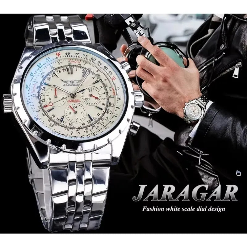 JARAGAR 212 Men Automatic Mechanical Watch Fashion Business Leisure Multifunctional Stainless Steel Wristwatch for Male Gift