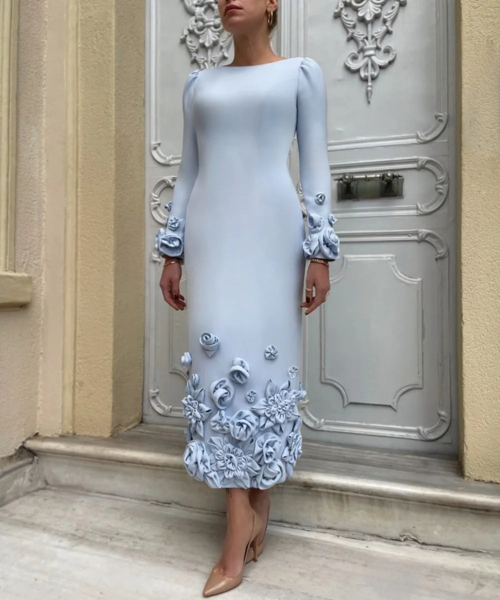 Customized Sizes Available Jersey Pleat Flower Straight Jewel Midi Dresses Cocktail Dresses High Quality Unisex - KIMLUD