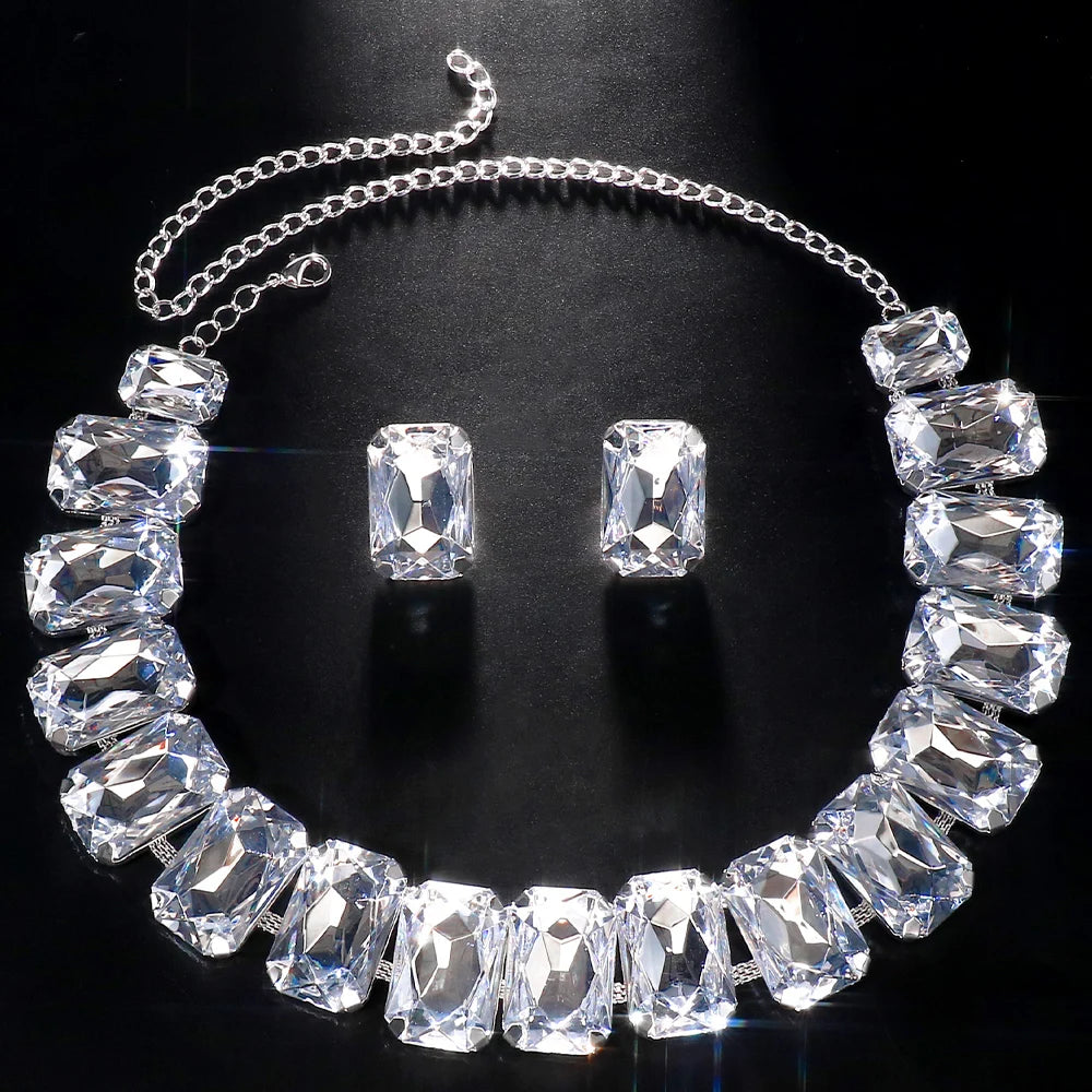 Stonefans Exaggerated Square Rhinestone Choker Necklace Set Trend 2023 Big Crystal Stud Earrings Women Jewelry Set