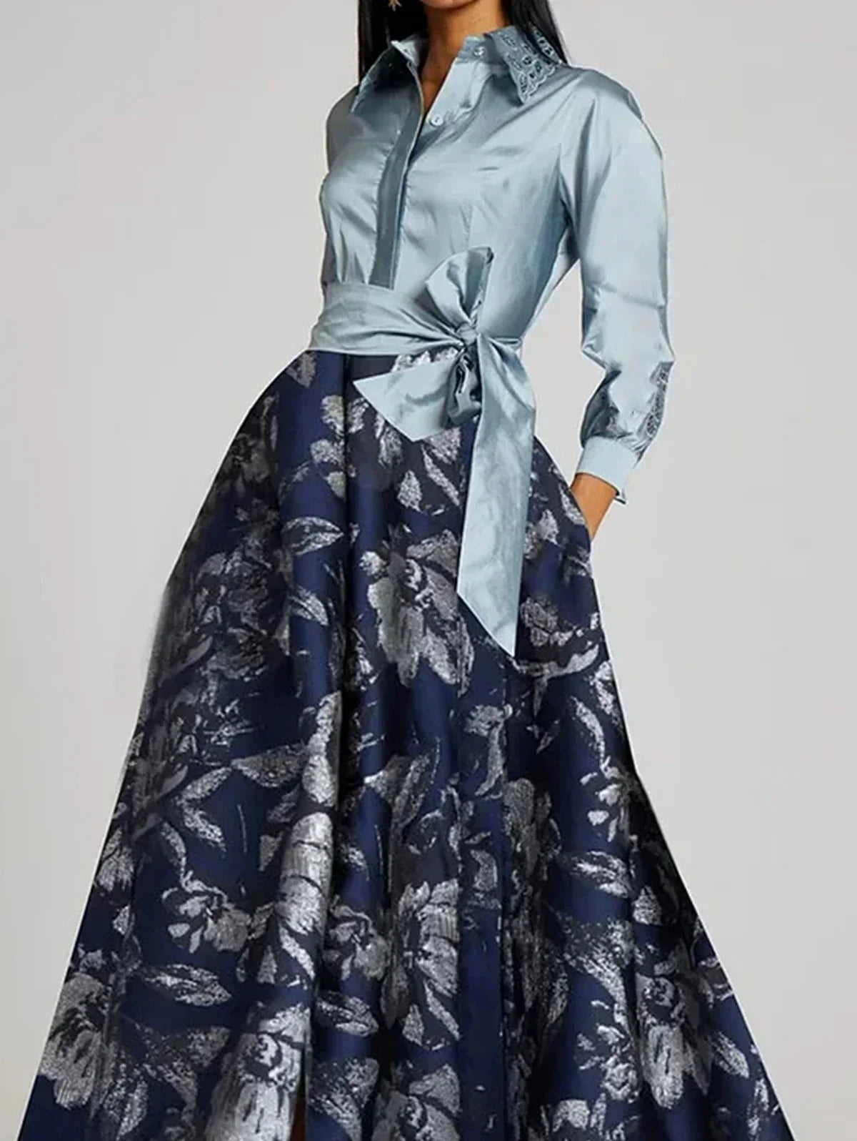 KIMLUD, Elegant Women's Long Dress Turn Down Collar Vintage Floral Print with Belt Long Sleeve Bow Autumn Satin Patchwork Dresses 2024, KIMLUD Womens Clothes