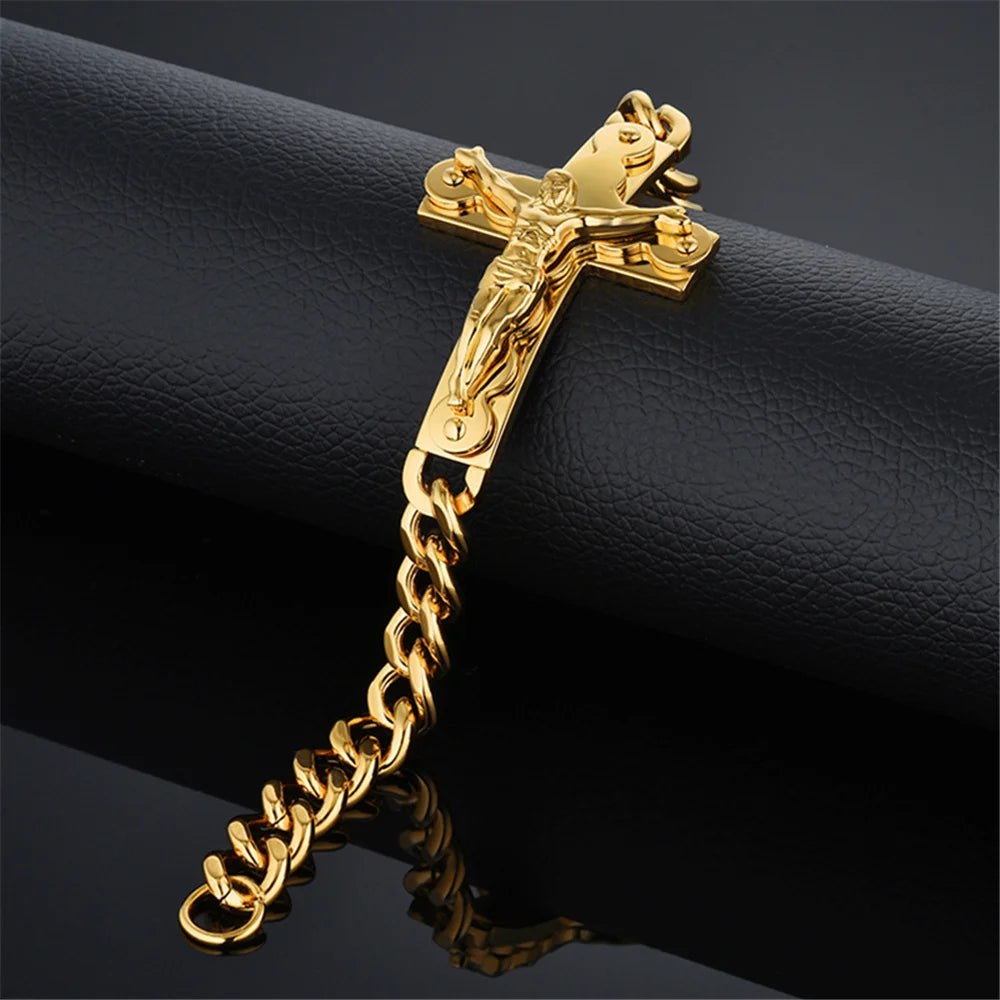 Jesus Cross Men's 316L Stainless Steel Bracelet Male Wholesale pulseira Mens Braclets Gold Color Wrist Bracelets For Men Jewelry