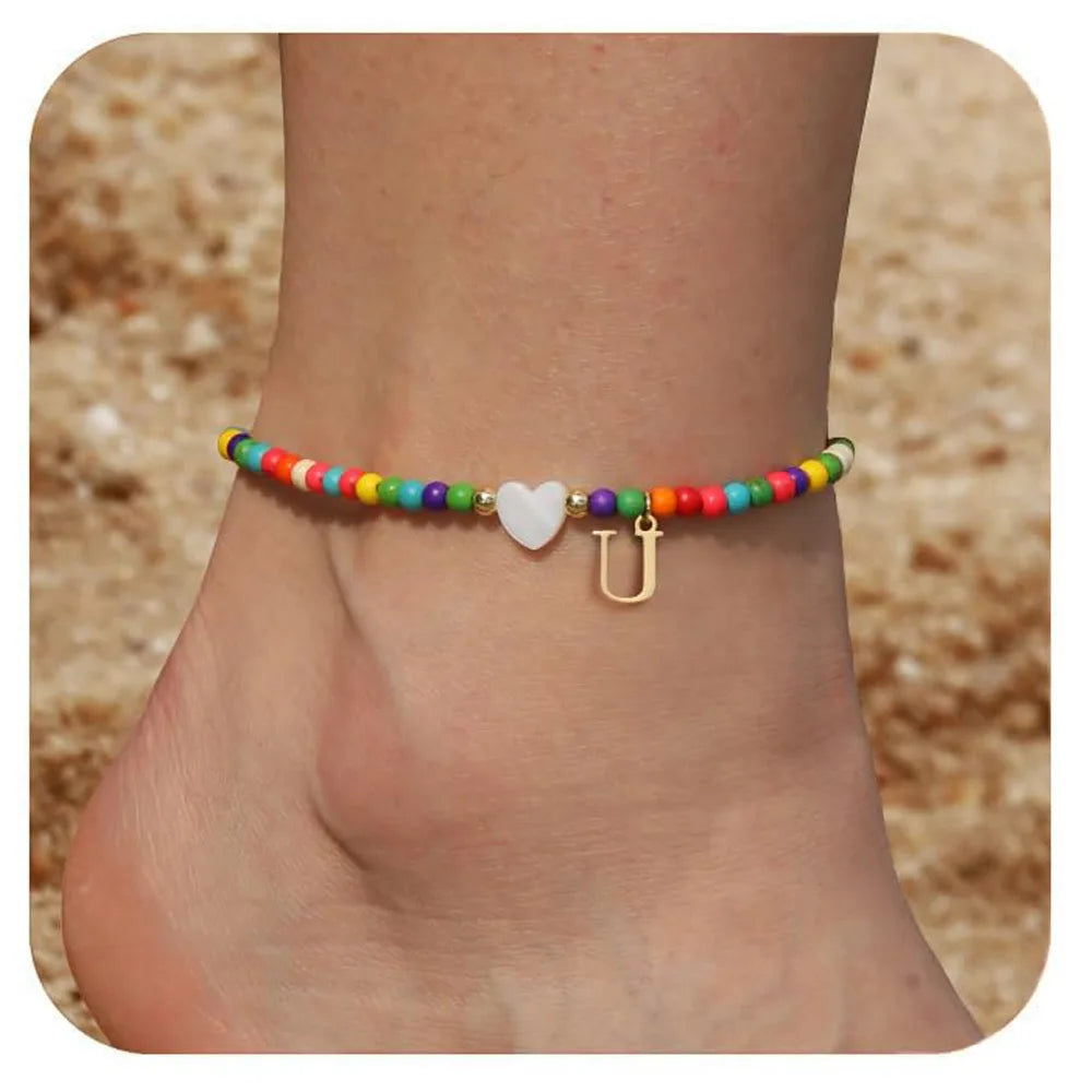 KIMLUD, Rainbow Round Beads Anklet Stainless Steel Love Heart 26 Letters A-Z Pendant Anklets For Women Boho Gold Color Ankle Bracelet, U, KIMLUD APPAREL - Womens Clothes