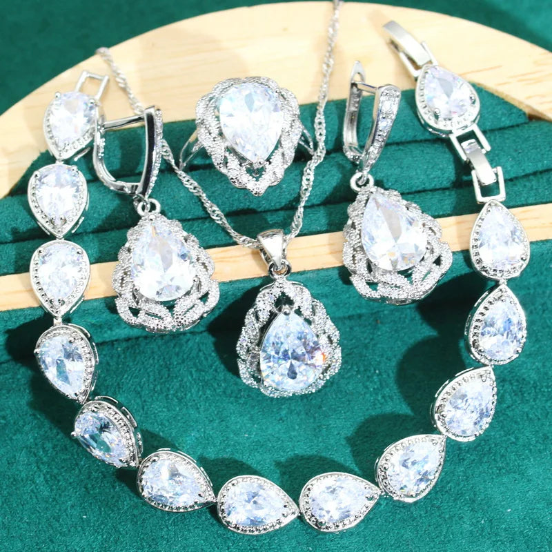 Classics Green Zircon 925 Silver Jewelry Sets for Women Wedding Bracelet Earrings Necklace Pendant Ring Dating Gifts