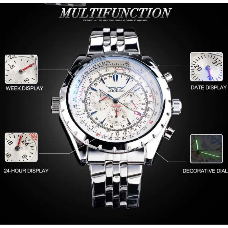 JARAGAR 212 Men's Fashion Automatic Mechanical Watches Leisure Hollowing Dial Chronograph Luminous Multifunctional Wristwatch