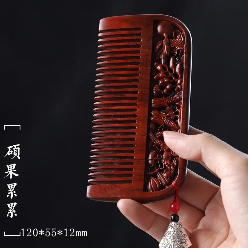 Natural Rhinoceros Horn Small Leaf Red Sandalwood Carved Wood Comb Retro Style Massage Comb Gifts with comb