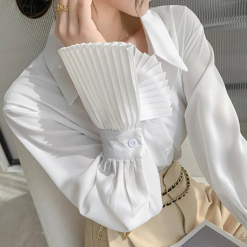 Jmprs Designed Women Flare Sleeve Women Shirts Office Ladies White Korean Fashion Fall Tops Elegant Button Up Female Shirt