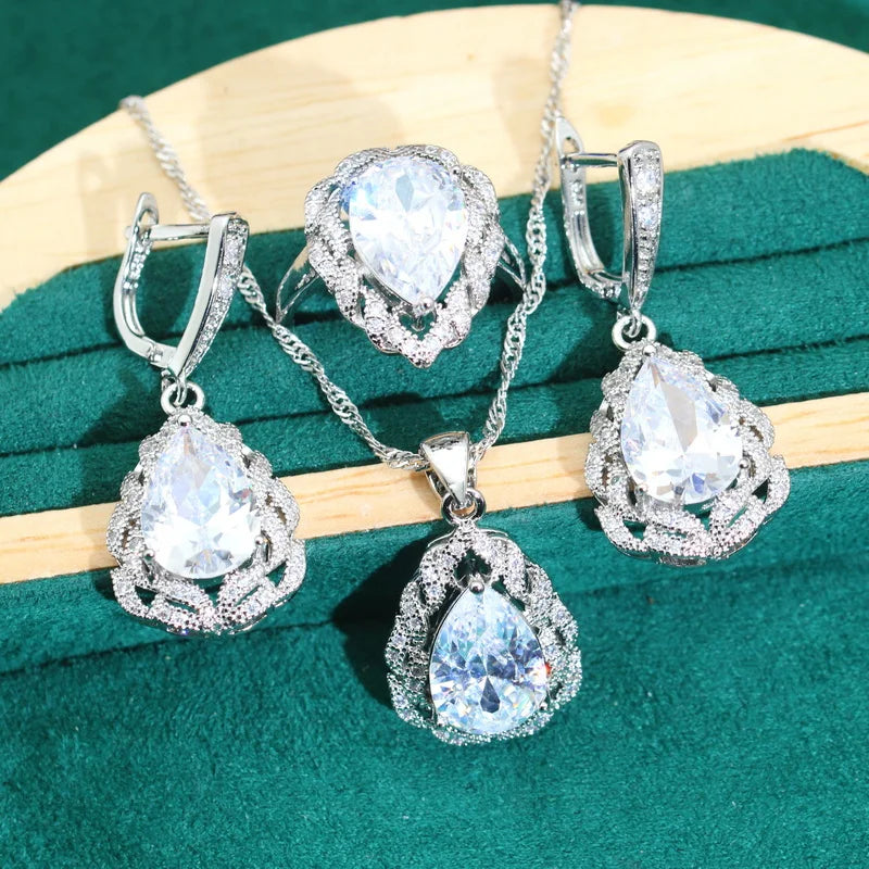 Classics Green Zircon 925 Silver Jewelry Sets for Women Wedding Bracelet Earrings Necklace Pendant Ring Dating Gifts