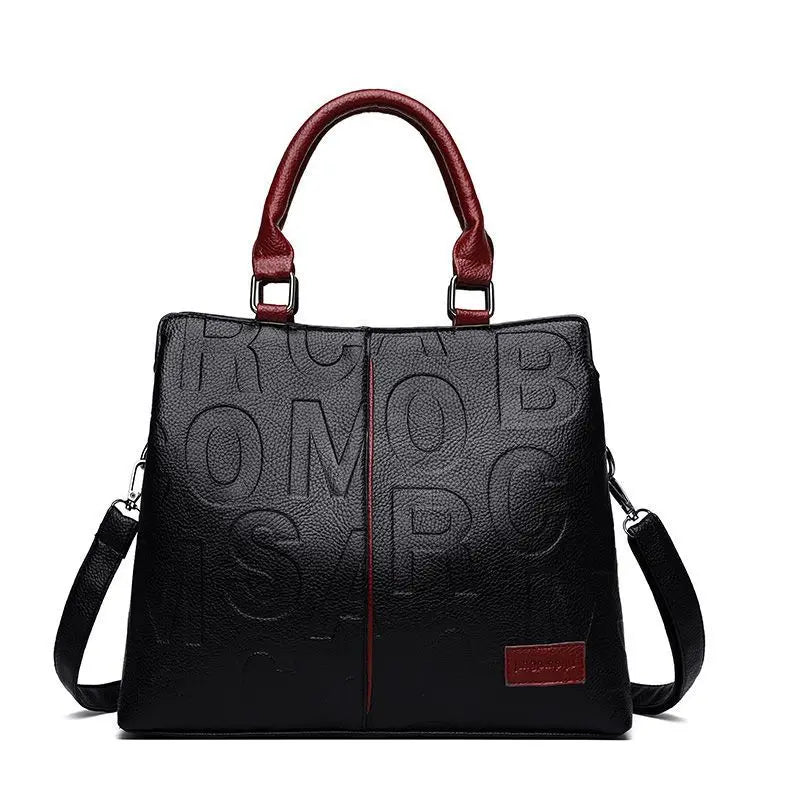 2024 New Fashion Solid Color Shoulder Large Capacity Soft Leather Cloth Letter Embossed Ladies Handbag