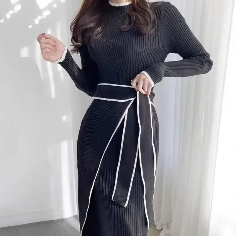 New Retro Knitted Bodycon Dress Women Korean Fashion Autumn Winter Half High Collar Lace Up Elegant Sweater Dresses Vestidos