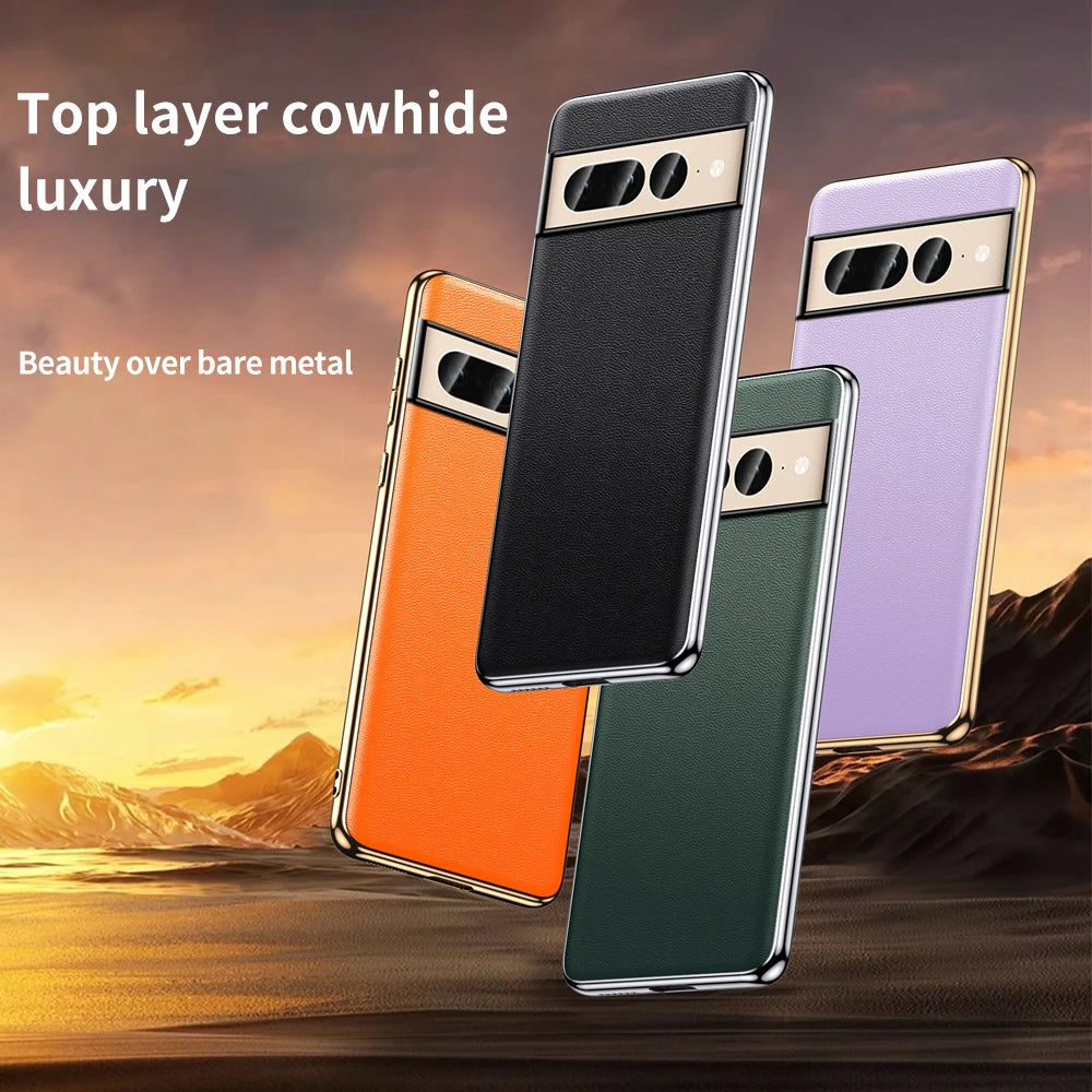 Genuine Cowhide Leather Phone Case for Google Pixel 9 Pro XL 8 7 6 Pro 7A 6A Luxury Plating Shockproof Full Protection Cover - KIMLUD