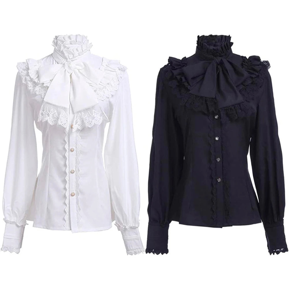 Victorian Women's Ruched Lace Shirts And Blouses Gothic Lolita Vintage Long Sleeve Lotus Ruffle Solid Black White Tops Shirt