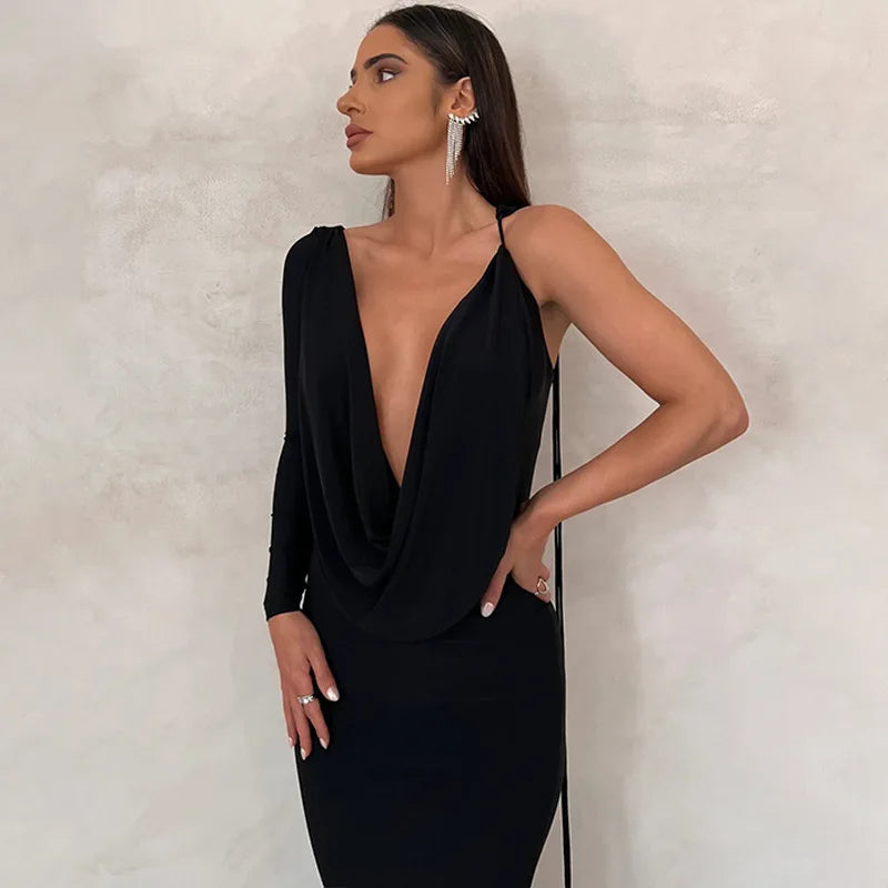 Dulzura Lace Up Long Sleeve One Shoulder Maxi Dress For Women Bodycon Party Elegant Outfits Birthday Evening 2023 Summer