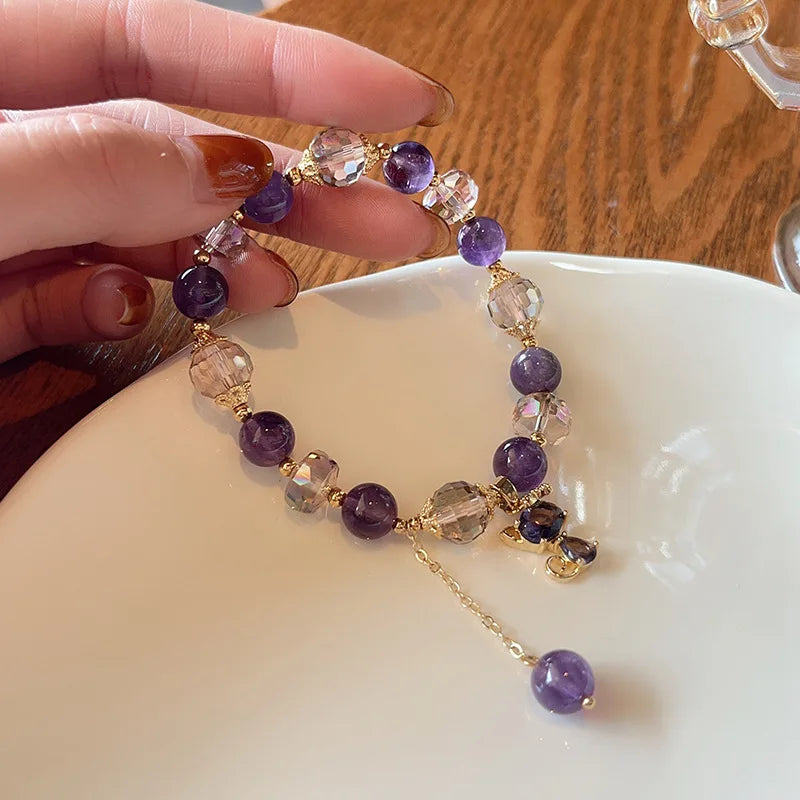 Natural Amethyst Bracelet  Women's Light Luxury Wishing Lucky Cat Beaded Pendant Hand Chain Best Friend Bangles Jewelry Gift