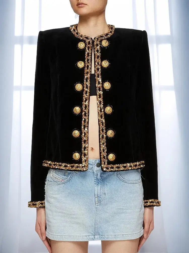 Black Velvet Jacket Women 2024 New Designer Beaded Sequins Chain Velvet Short Cardigan Coat New in Outerwears Jackets Blazer