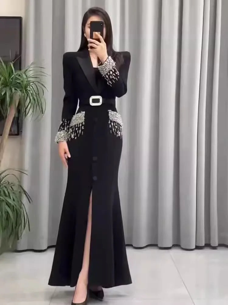 Women Elegant Ankle Length Long Diamonds Dress Lady Single Breasted Belted Slim Waist Split Shiny Crystal Party Mermaid Dresses - KIMLUD