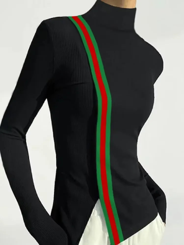 Female Clothing Skinny T-Shirts Fashion Striped Slit High Neck Contrast Color Spring Autumn Black Women's Base Layer - KIMLUD