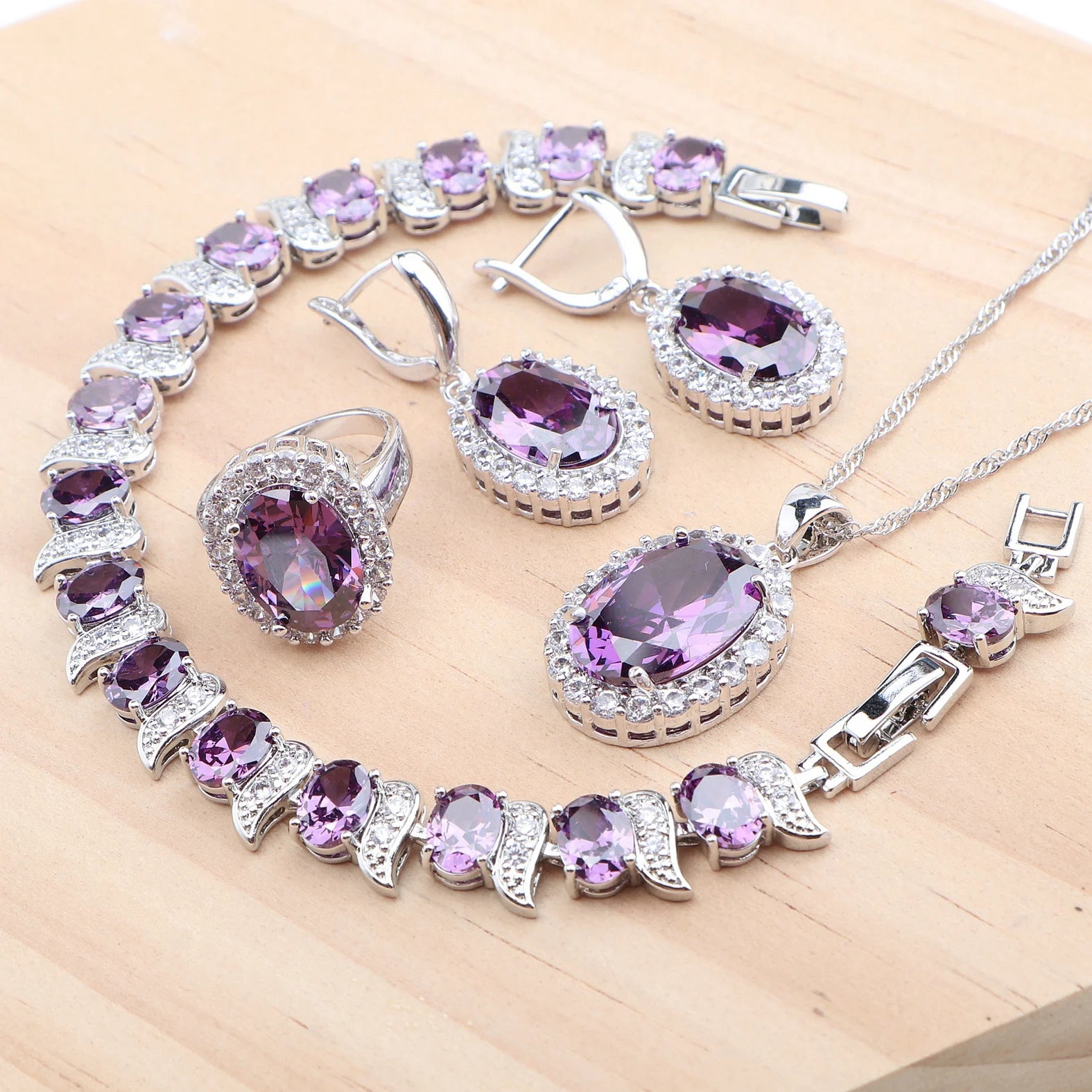 925 Silver Jewelry Sets Wedding Purple Zircon Earrings Bracelets For Women Rings Pendant Necklace Set - KIMLUD