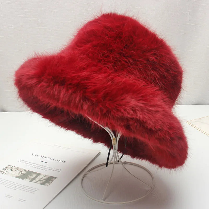 Red plush Bucket hat women's elegant autumn and winter fur bamboo hat Korean version advanced thermal cap cap 2023 large size - KIMLUD