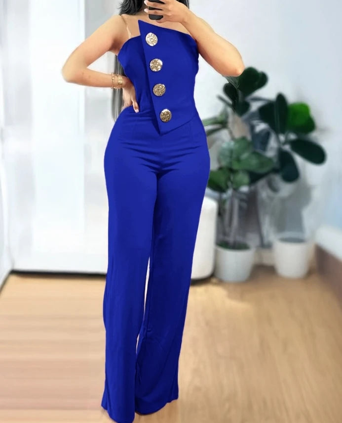 Sexy Asymmetrical Bandeau Strapless Jumpsuit Metal Button Decor Casual Overalls 2025 Woman Long Jumpsuits Elegant