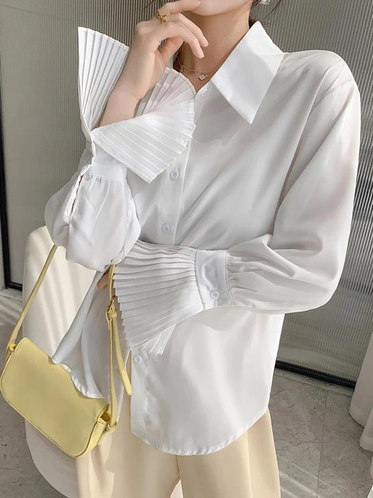 Jmprs Designed Women Flare Sleeve Women Shirts Office Ladies White Korean Fashion Fall Tops Elegant Button Up Female Shirt