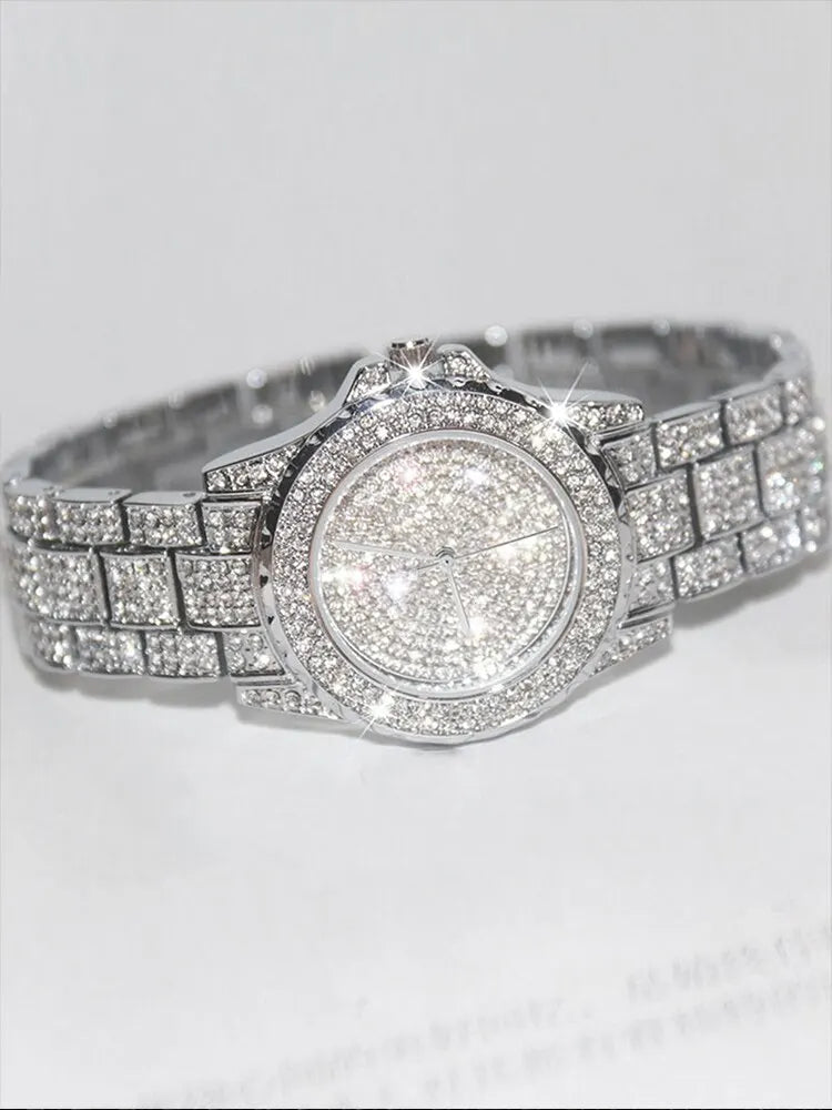 2pcs Stylish Shiny Full Diamond MEN'S Large Dial Steel Band Quartz Watch with Diamond Inlaid Chain Bracelet Set