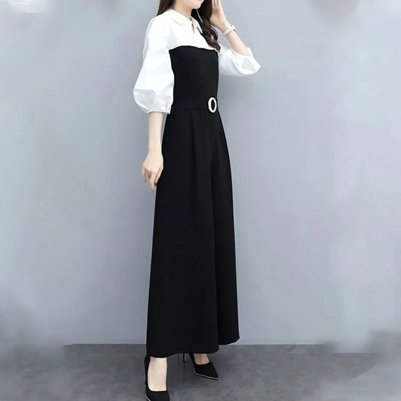 KIMLUD, Office Lady Fashion Solid Color Spliced Jumpsuits Summer Female 3/4 Sleeve Casual High Waist Wide Leg Jumpsuits Women's Clothing, KIMLUD Womens Clothes