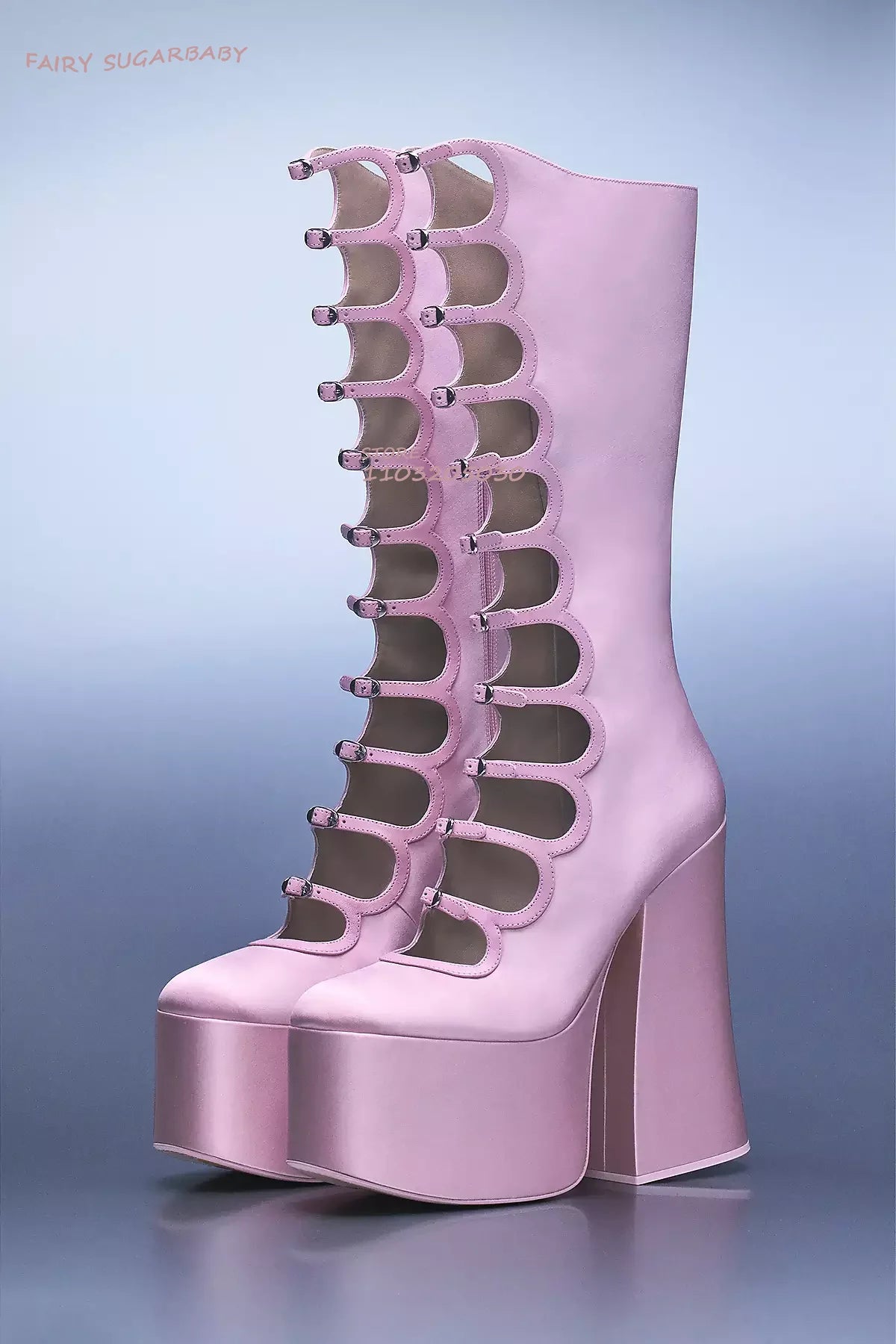 Pole Girls Bright Black Leather Pink Satin Platform Buckle Boots Sexy Hollow Chunky Heel Bling Purple Straps Elegant Zipper Shoe