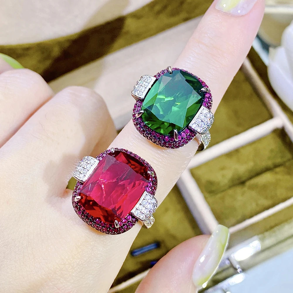 Vintage Silver Color 12*16MM Ruby Emerald Rings for Women Wedding Bands Gemstone Cocktail Party Jewelry Female Anniversary Gifts - KIMLUD