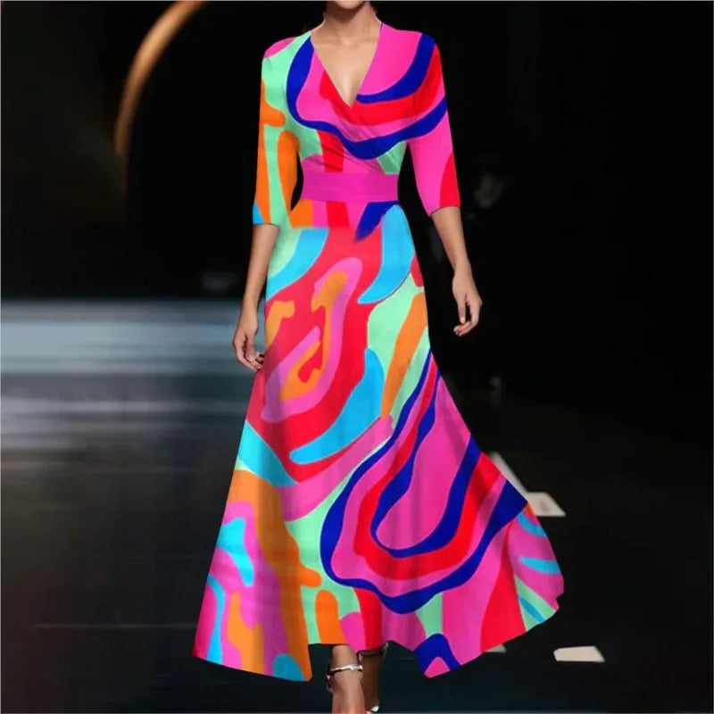 Fashion Boho Maxi Dress Women Sexy Spring V Neck Vintage Printed Swing Elegant Fashion Half Sleeved Waist Cinching Party Dresses