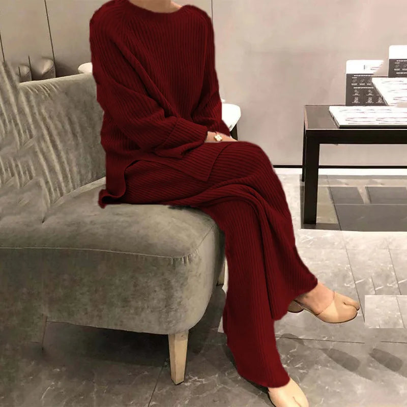 Autumn/winter Fashion Casual O-Neck Pullover Tops Knitted Pant New Homewear Pajama Winter Solid Women Two Piece Set Homewear - KIMLUD