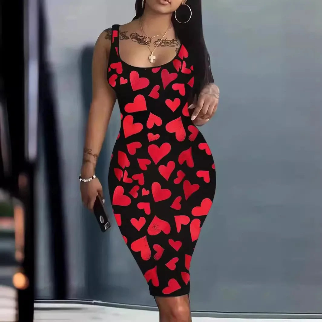 Plus Size Summer Women's Dresses  Fashion Contrast Heart Print U-Neck Sleeveless Casual Bodycon  Mini Dress