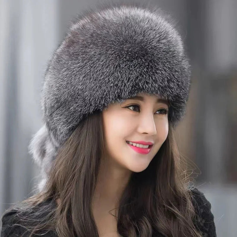 Real Fox Fur Hat Winter Natural Fur Snow Hat For Ladies Thick Outdoor Beanies Caps Russians Skiing Hats Bomber White Fur Caps