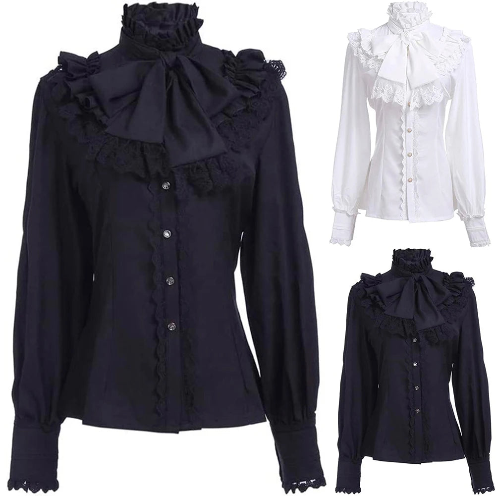 Victorian Women's Ruched Lace Shirts And Blouses Gothic Lolita Vintage Long Sleeve Lotus Ruffle Solid Black White Tops Shirt